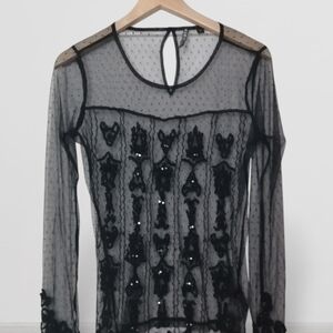 Guess Sheer Black Sequin-Embellished Long-Sleeve Mesh Blouse